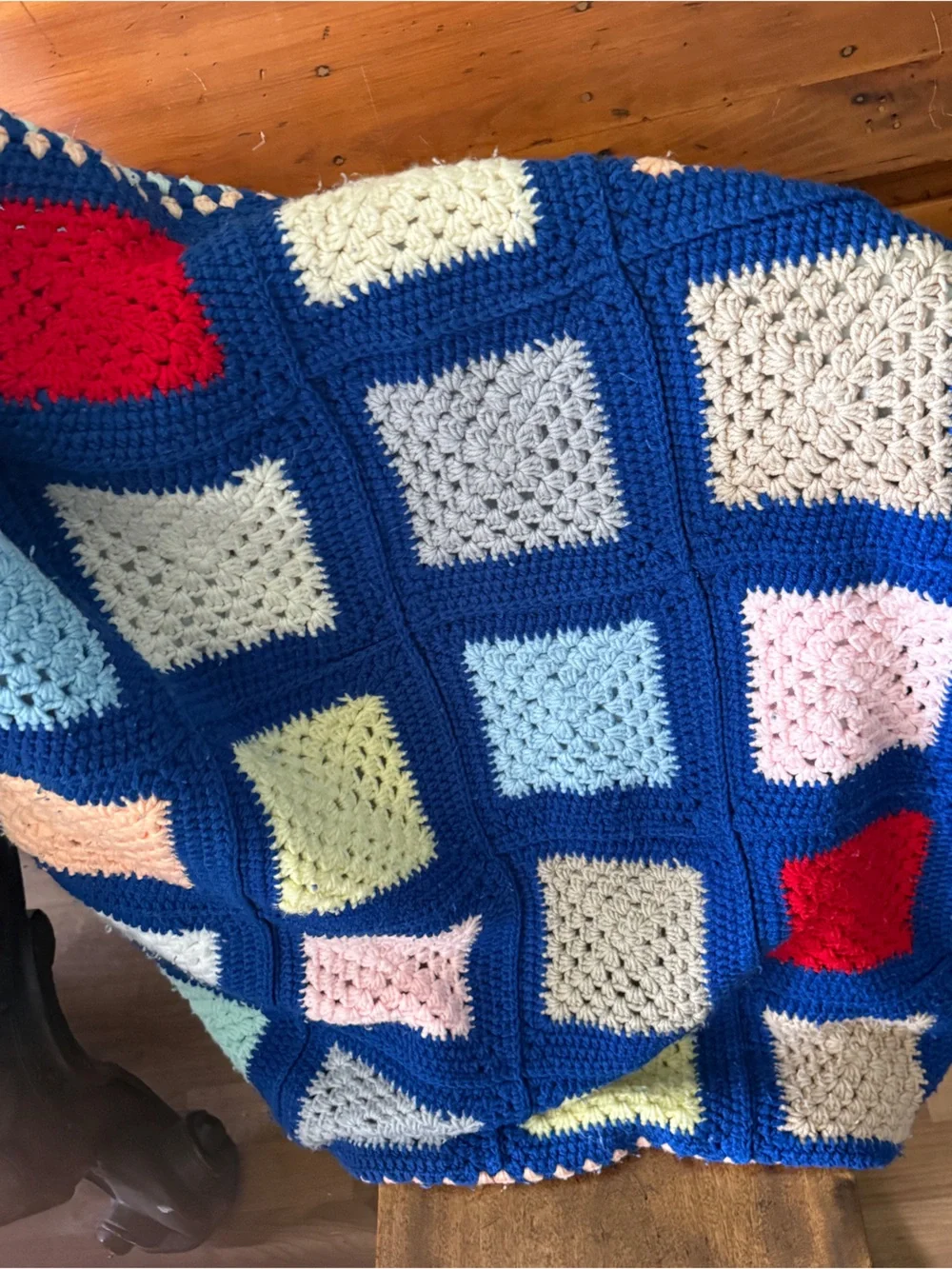 Vintage Fabric Lined Royal Blue Crochet Blanket Accent